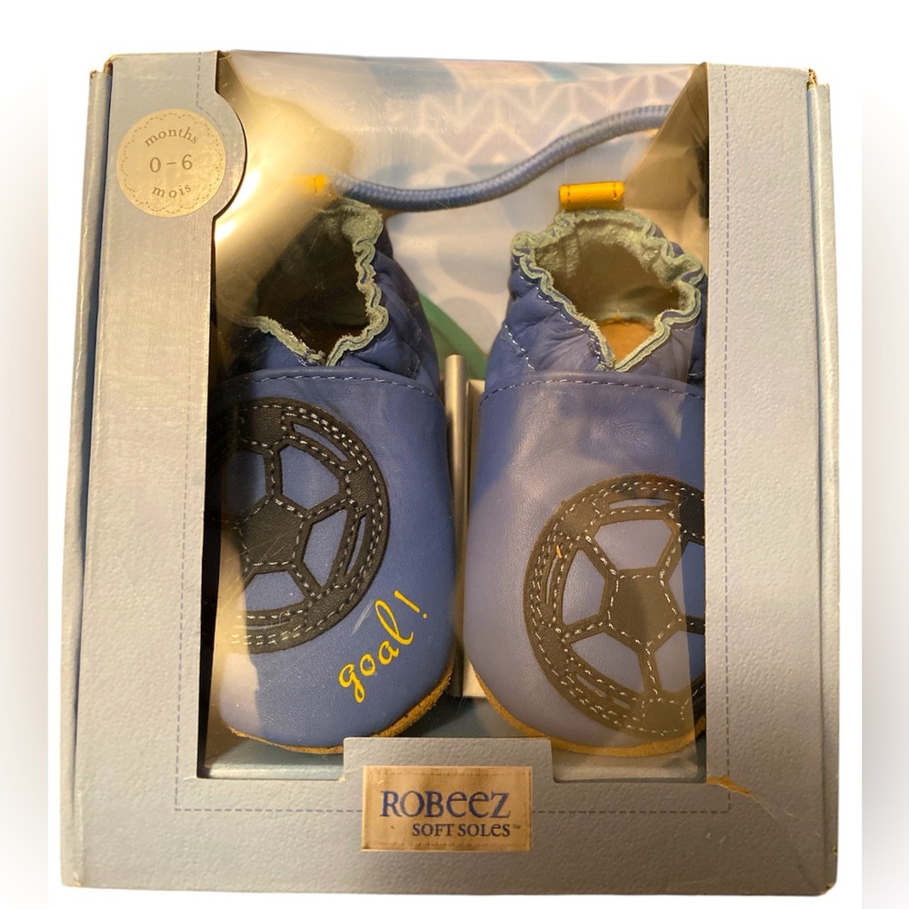 NIB Robeez Leather Soft Soles Shoes Baby Boy Size 1 0-6 Months Soccer Goal Blue